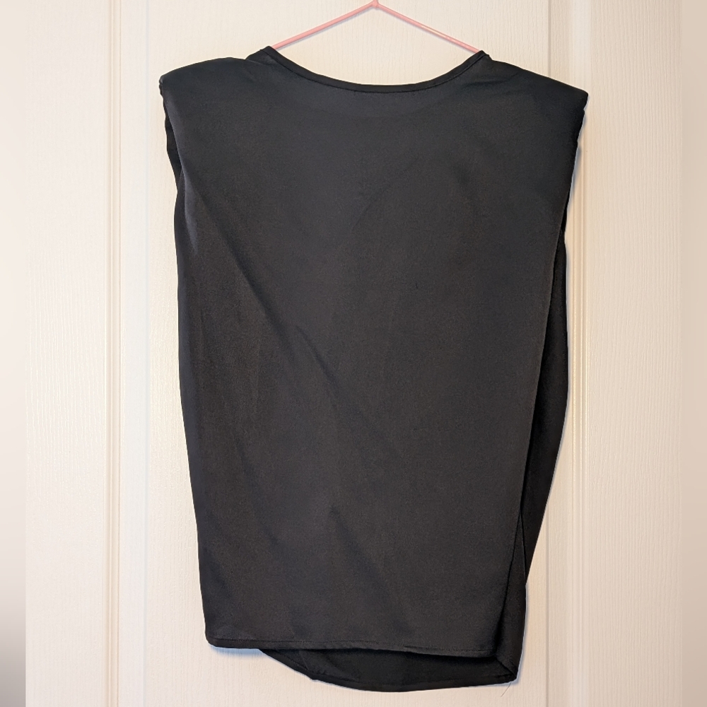 Elegant Black Satin Sleeveless Top With Shoulder Pads